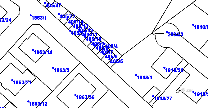 Parcela st. 405/6 v KÚ Radotín, Katastrální mapa