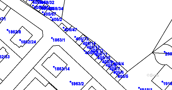 Parcela st. 405/13 v KÚ Radotín, Katastrální mapa