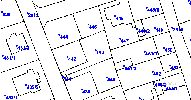 Parcela st. 443 v KÚ Radotín, Katastrální mapa