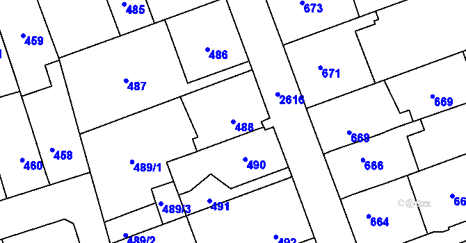 Parcela st. 488 v KÚ Radotín, Katastrální mapa