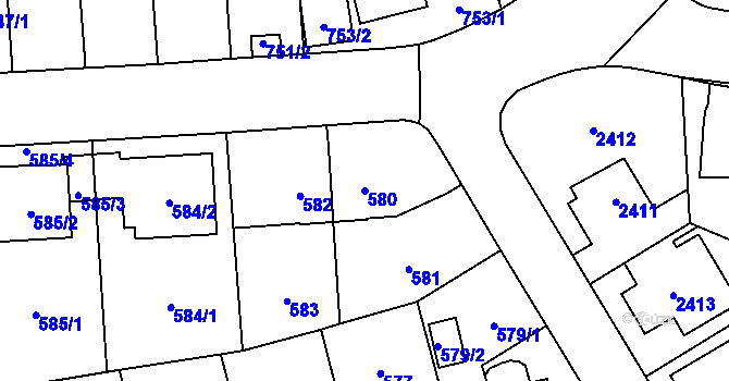 Parcela st. 580 v KÚ Radotín, Katastrální mapa