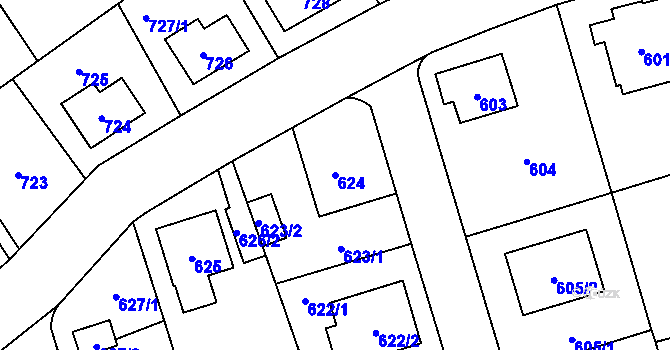 Parcela st. 624 v KÚ Radotín, Katastrální mapa