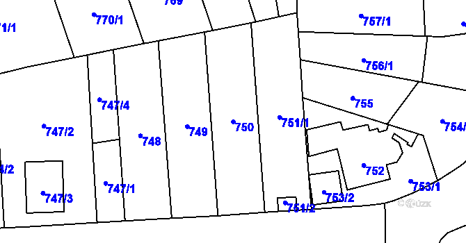 Parcela st. 750 v KÚ Radotín, Katastrální mapa