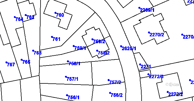 Parcela st. 758/2 v KÚ Radotín, Katastrální mapa