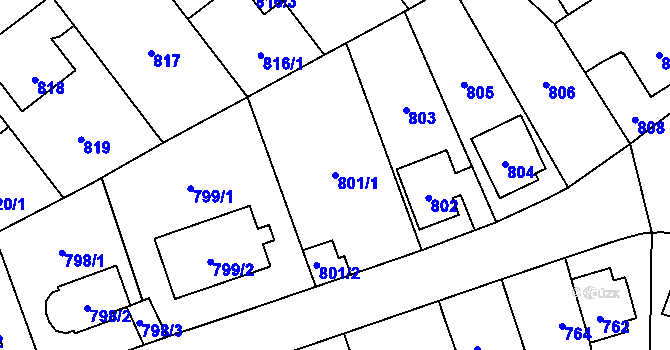 Parcela st. 801/1 v KÚ Radotín, Katastrální mapa