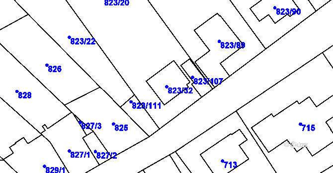 Parcela st. 823/32 v KÚ Radotín, Katastrální mapa
