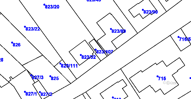 Parcela st. 823/107 v KÚ Radotín, Katastrální mapa