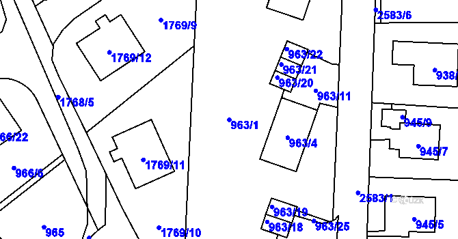 Parcela st. 963/1 v KÚ Radotín, Katastrální mapa