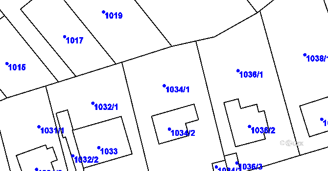 Parcela st. 1034/1 v KÚ Radotín, Katastrální mapa