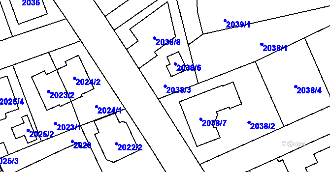 Parcela st. 2038/3 v KÚ Radotín, Katastrální mapa