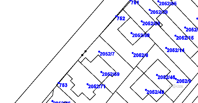 Parcela st. 2052/7 v KÚ Radotín, Katastrální mapa