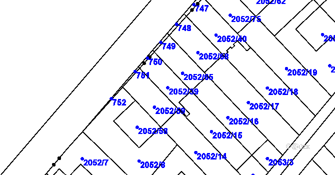 Parcela st. 2052/39 v KÚ Radotín, Katastrální mapa