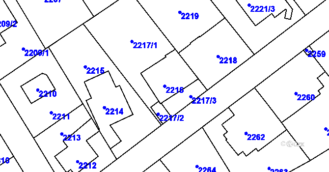 Parcela st. 2216 v KÚ Radotín, Katastrální mapa