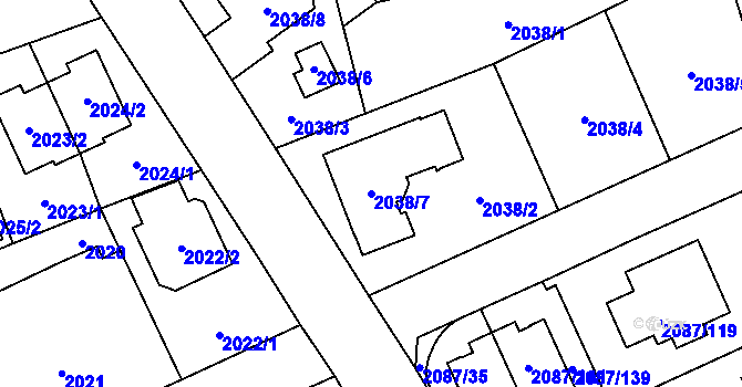 Parcela st. 2038/7 v KÚ Radotín, Katastrální mapa