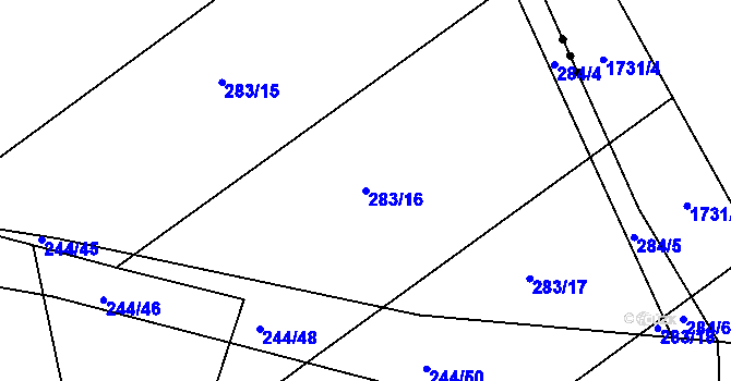 Parcela st. 283/16 v KÚ Radouš, Katastrální mapa