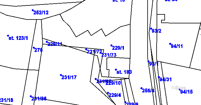 Parcela st. 231/73 v KÚ Radovesnice I, Katastrální mapa