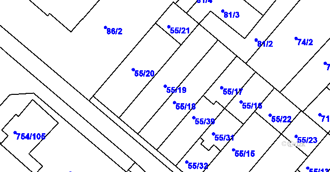 Parcela st. 55/19 v KÚ Radslavice u Přerova, Katastrální mapa