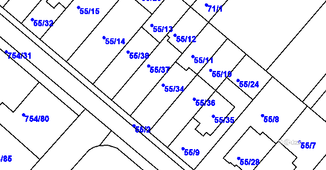 Parcela st. 55/34 v KÚ Radslavice u Přerova, Katastrální mapa