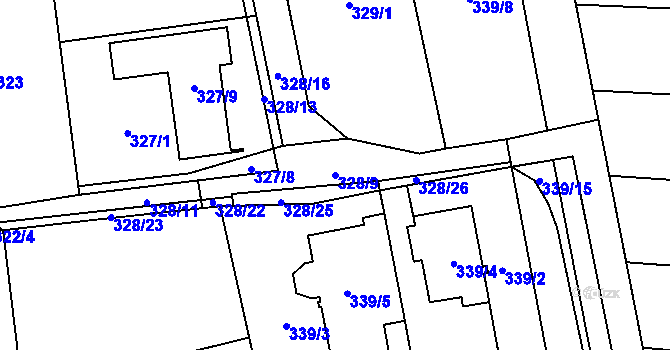 Parcela st. 328/9 v KÚ Rajhrad, Katastrální mapa
