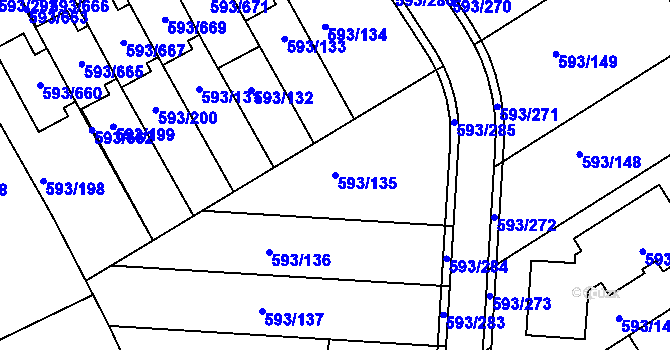 Parcela st. 593/135 v KÚ Rajhrad, Katastrální mapa