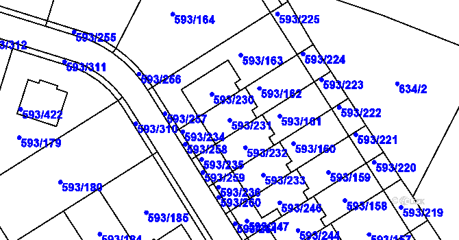 Parcela st. 593/231 v KÚ Rajhrad, Katastrální mapa