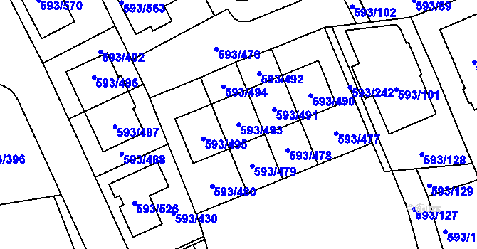 Parcela st. 593/493 v KÚ Rajhrad, Katastrální mapa