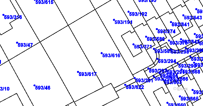 Parcela st. 593/616 v KÚ Rajhrad, Katastrální mapa