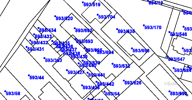 Parcela st. 593/694 v KÚ Rajhrad, Katastrální mapa