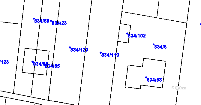 Parcela st. 834/119 v KÚ Rajhradice, Katastrální mapa