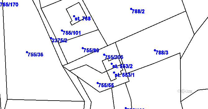 Parcela st. 755/206 v KÚ Rajnochovice, Katastrální mapa
