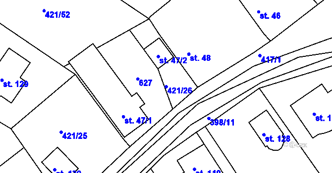 Parcela st. 421/26 v KÚ Raková u Rokycan, Katastrální mapa