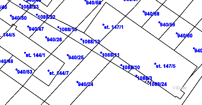 Parcela st. 1088/11 v KÚ Raková u Konice, Katastrální mapa