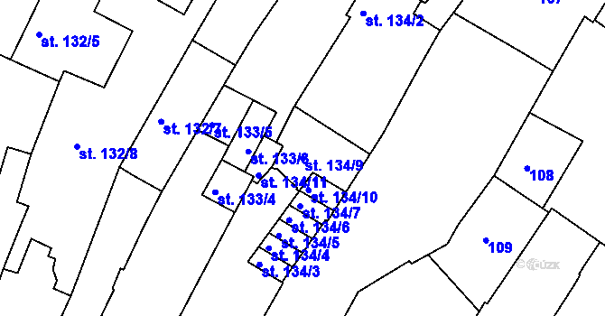 Parcela st. 134/9 v KÚ Rakovník, Katastrální mapa