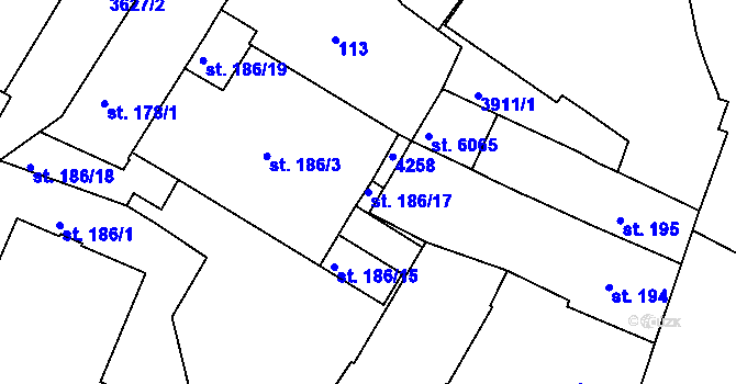 Parcela st. 186/17 v KÚ Rakovník, Katastrální mapa