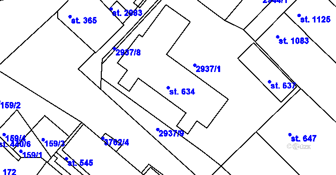 Parcela st. 634 v KÚ Rakovník, Katastrální mapa