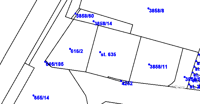 Parcela st. 635 v KÚ Rakovník, Katastrální mapa