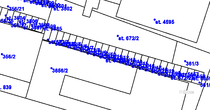 Parcela st. 672/12 v KÚ Rakovník, Katastrální mapa