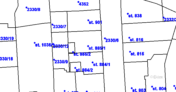 Parcela st. 885/1 v KÚ Rakovník, Katastrální mapa