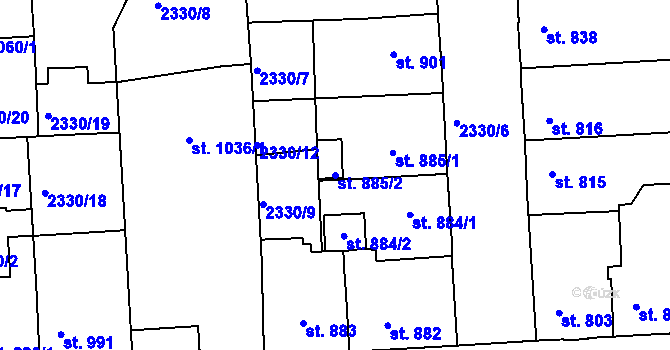 Parcela st. 885/2 v KÚ Rakovník, Katastrální mapa