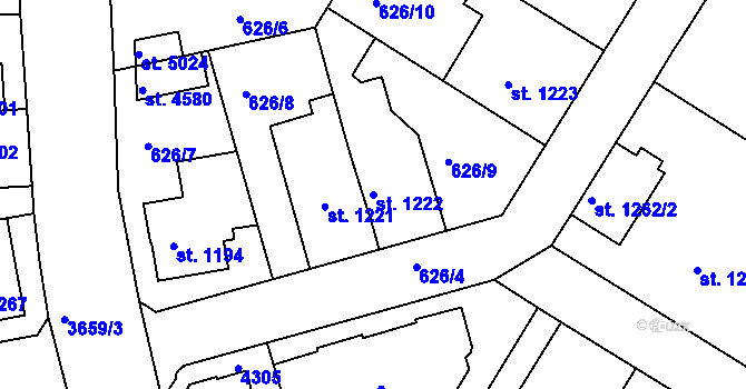 Parcela st. 1222 v KÚ Rakovník, Katastrální mapa