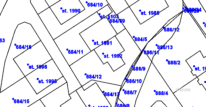 Parcela st. 1992 v KÚ Rakovník, Katastrální mapa