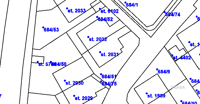 Parcela st. 2031 v KÚ Rakovník, Katastrální mapa