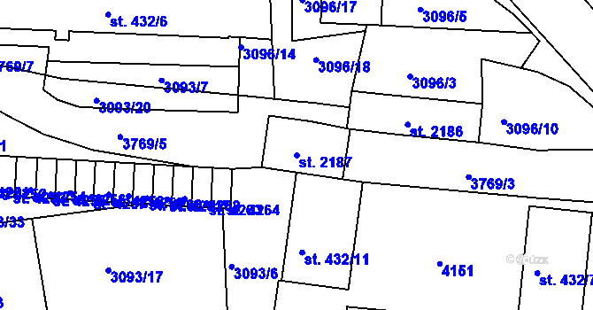 Parcela st. 2187 v KÚ Rakovník, Katastrální mapa
