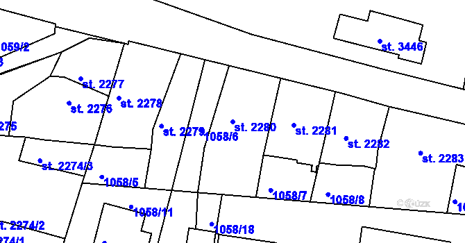 Parcela st. 2280 v KÚ Rakovník, Katastrální mapa