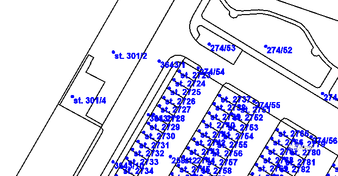 Parcela st. 2725 v KÚ Rakovník, Katastrální mapa