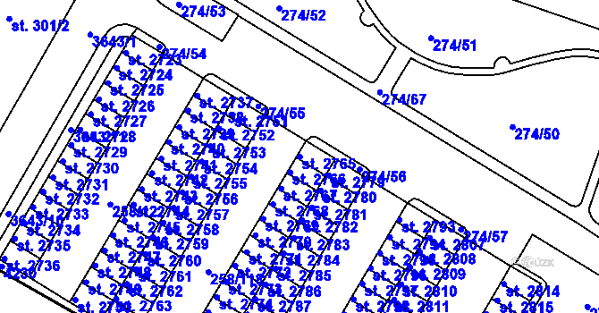 Parcela st. 2765 v KÚ Rakovník, Katastrální mapa