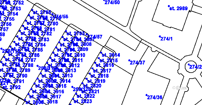 Parcela st. 2814 v KÚ Rakovník, Katastrální mapa