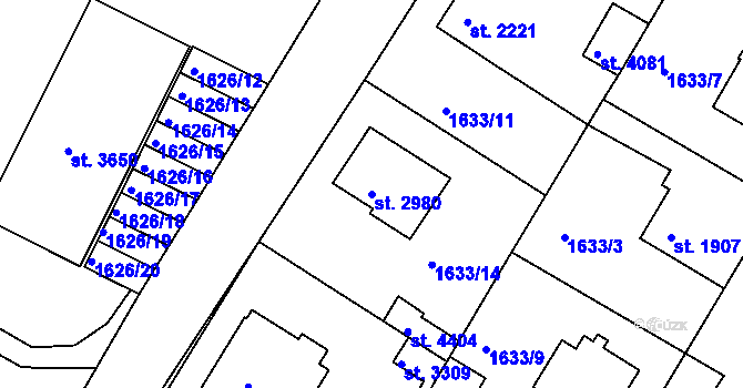 Parcela st. 2980 v KÚ Rakovník, Katastrální mapa