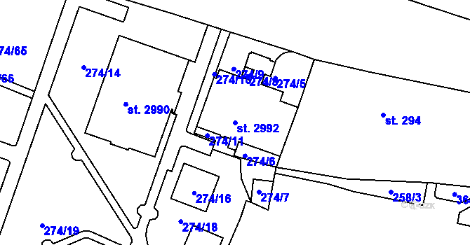 Parcela st. 2992 v KÚ Rakovník, Katastrální mapa
