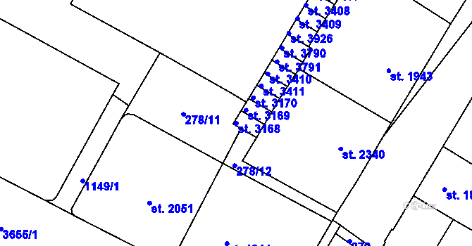 Parcela st. 3168 v KÚ Rakovník, Katastrální mapa